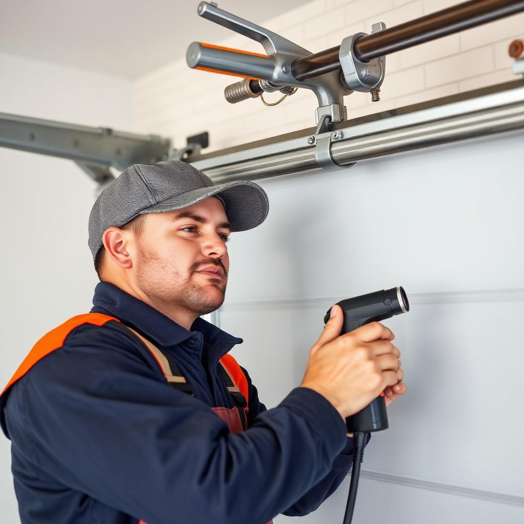 Technician performing garage door maintenance service