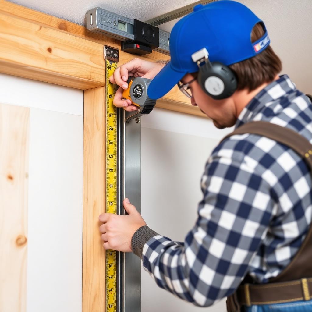 Homeowner measuring garage door opening dimensions with tape measure