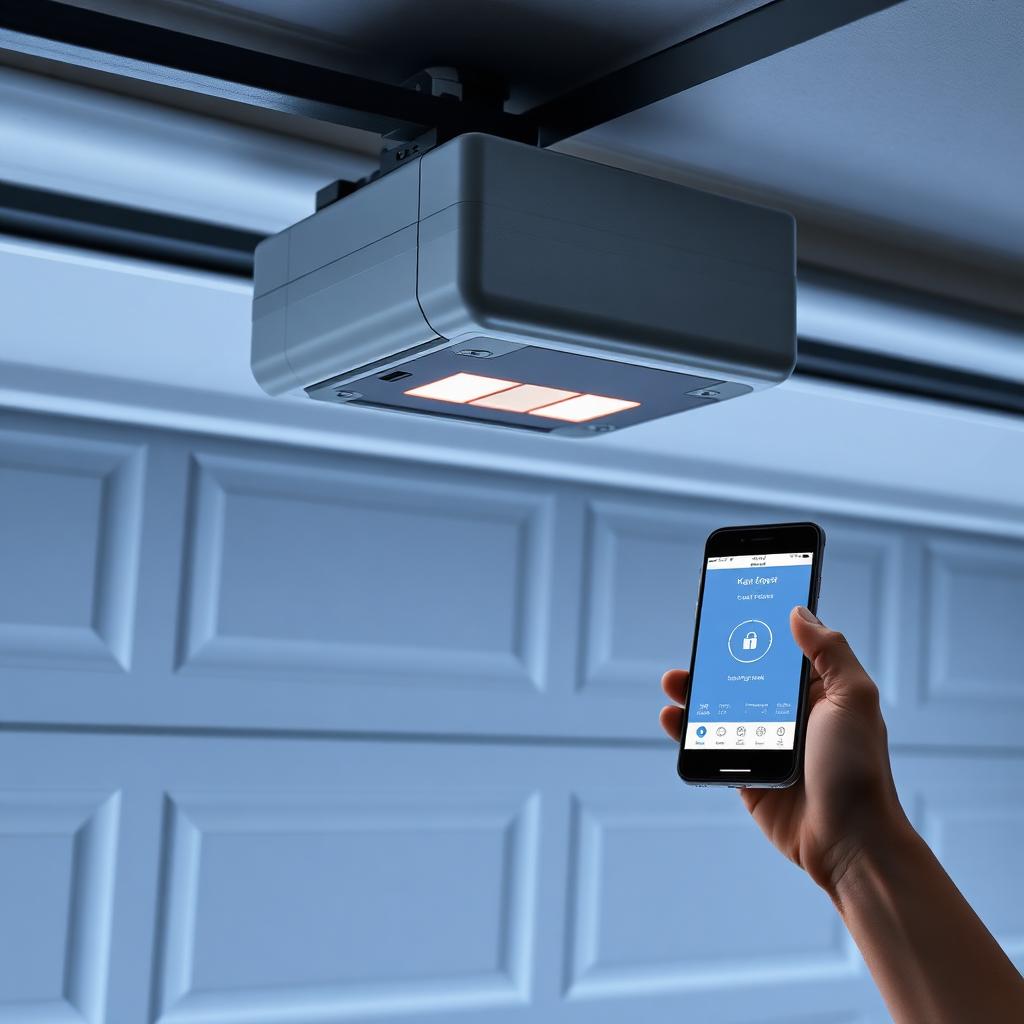 Smart garage door opener with smartphone app showing lock status