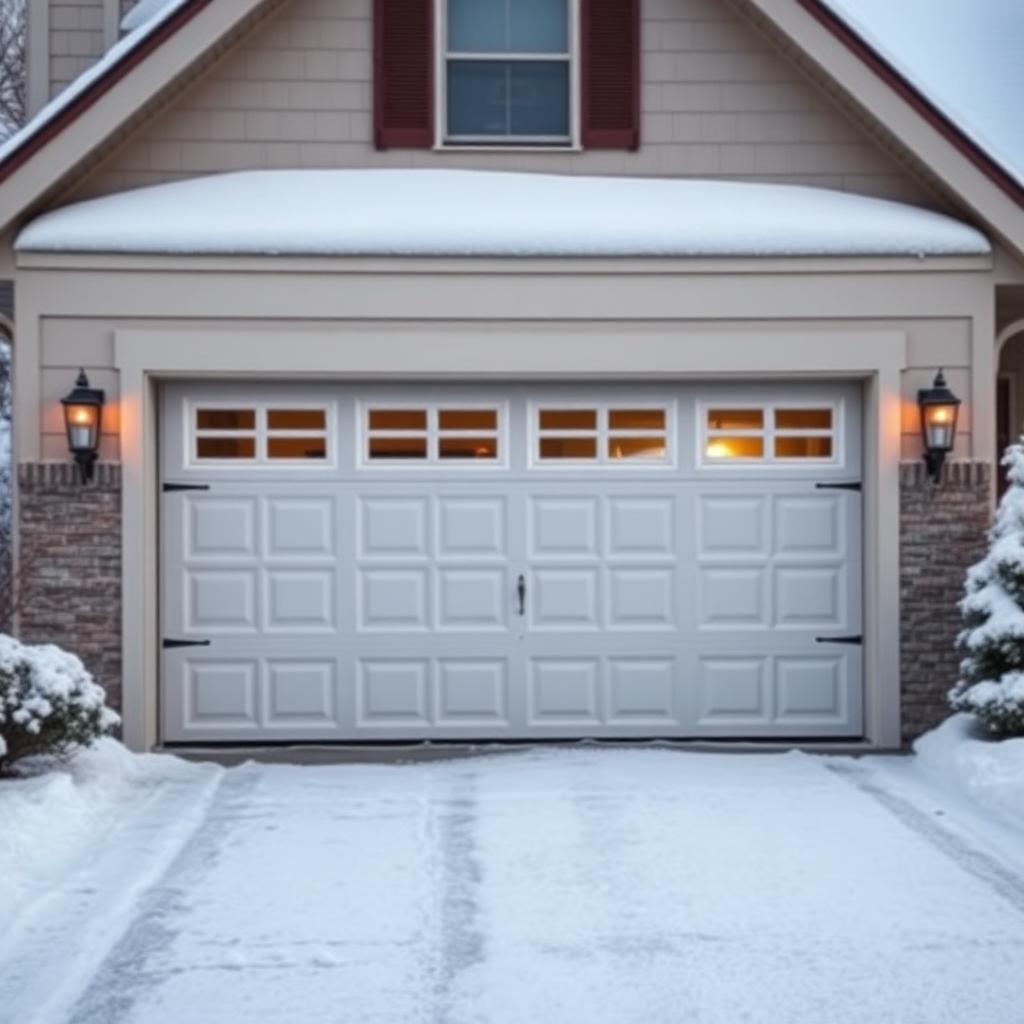 Garage door in winter setting with snow and cold weather