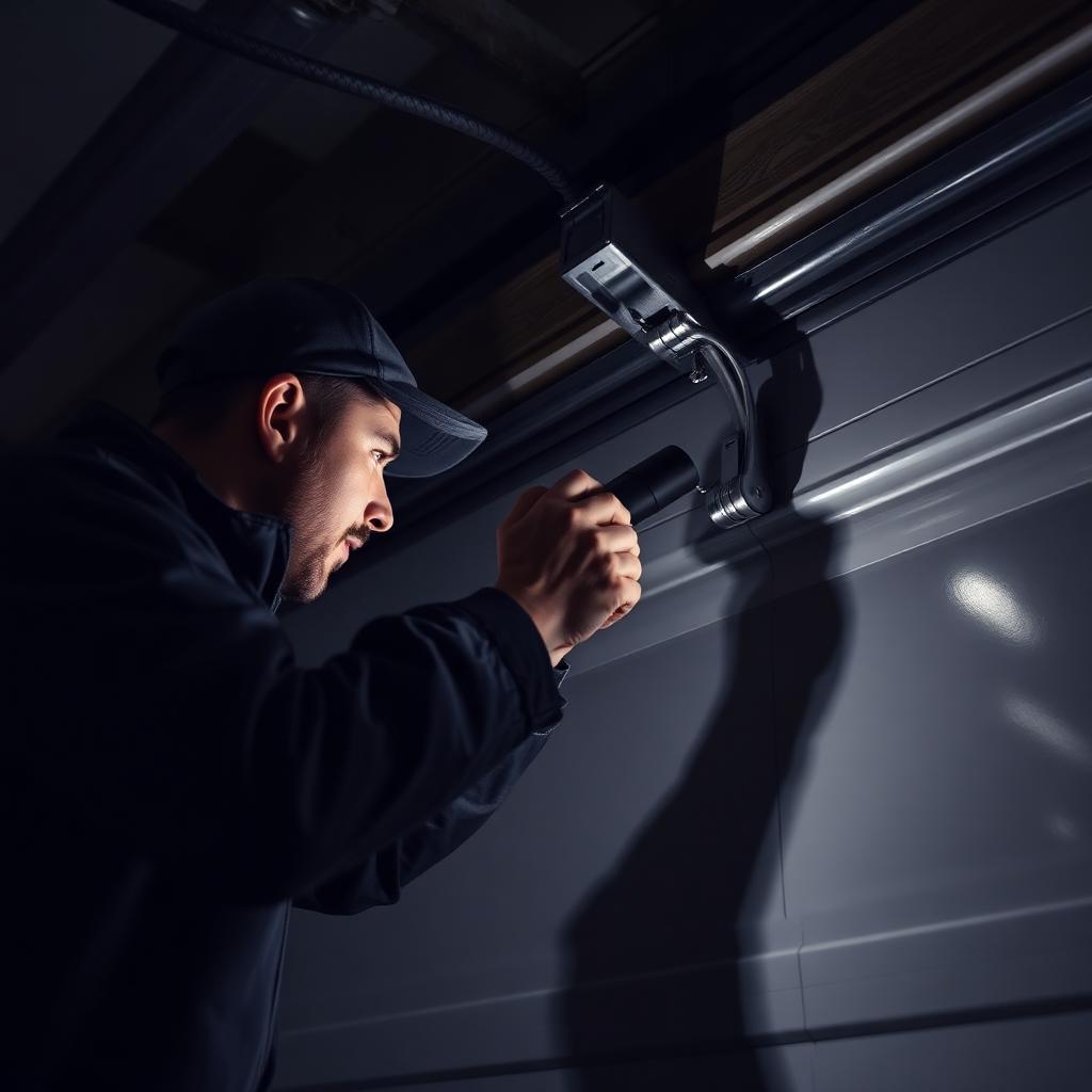 Emergency garage door repair service technician working at night