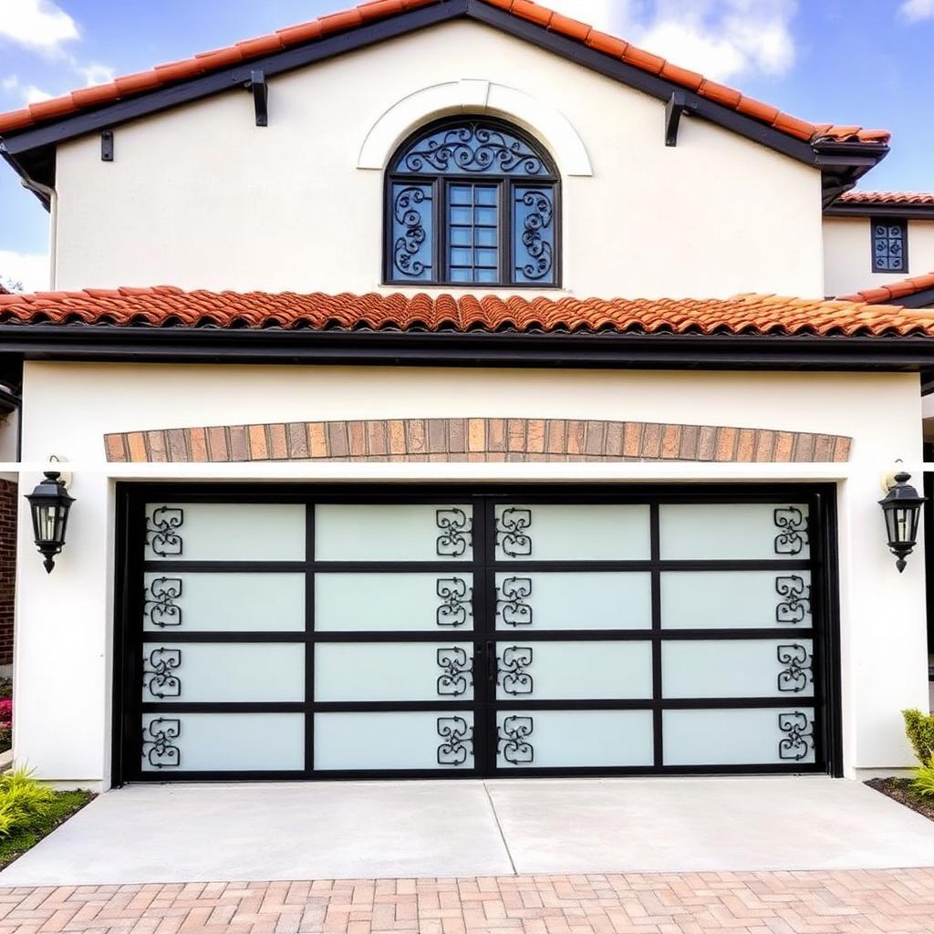 Contemporary garage door installation on Spanish colonial style home